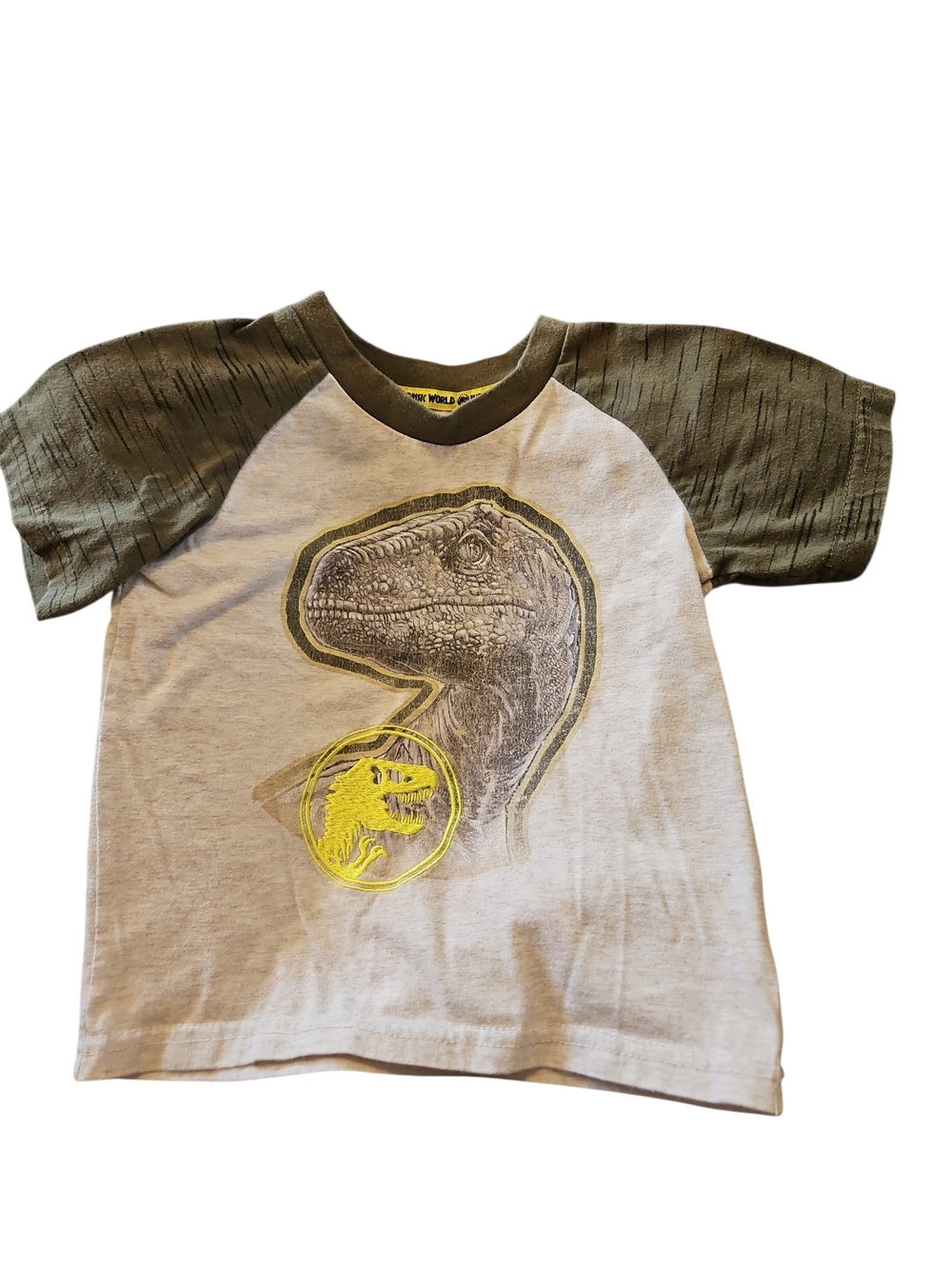 Dino Graphic Raglan Tee - Olive/Beige by Jurassic Park Brand Trex Size 3t